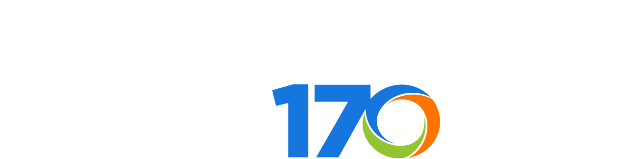 Bryant & Stratton College 170 years logo, with "170" in bold blue and a circular multicolored design inside the zero.