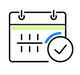 An icon of a calendar with a blue arc marking a date and a large checkmark inside a circle overlapping the lower right corner, indicating a scheduled or completed event.